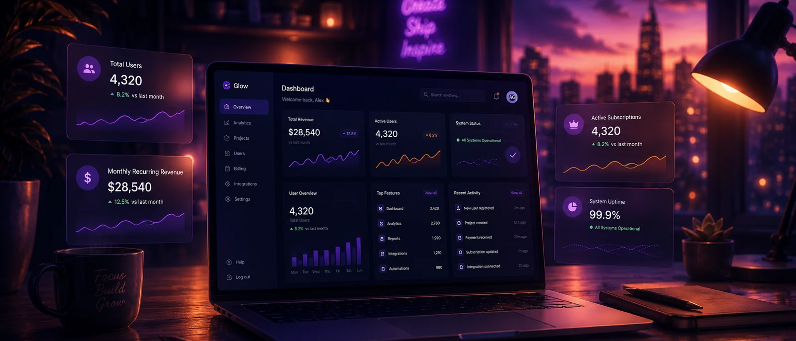 A SaaS dashboard on a laptop with subscription panels floating beside it, showing total users, monthly recurring revenue and system uptime.